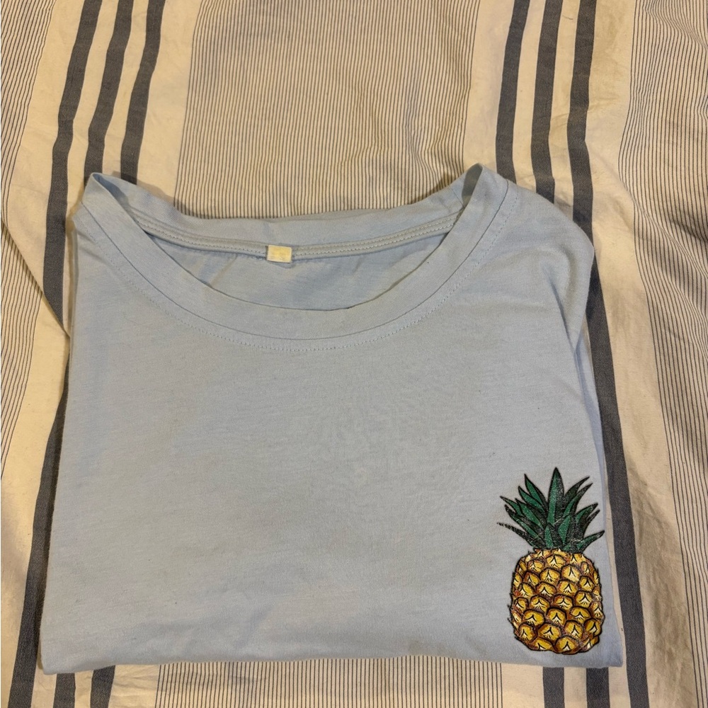 Light Blue T-Shirt with Pineapple Embroidery